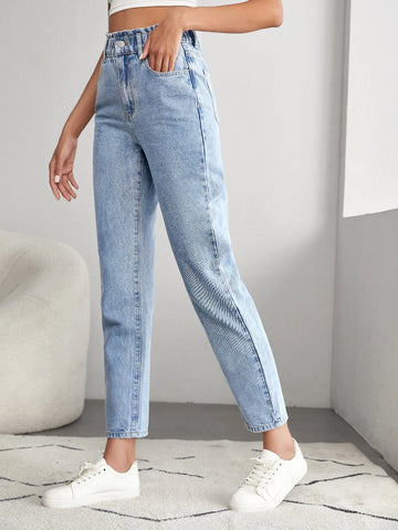 Tall Light Wash Paper Bag Waist Mom Fit Jeans