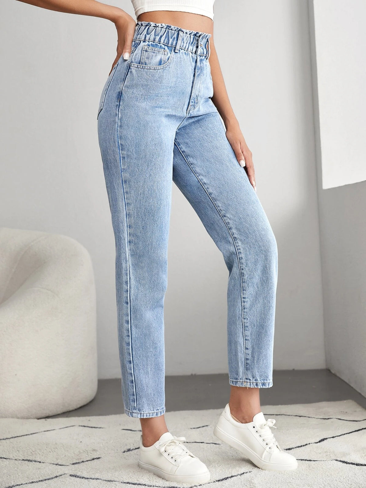 Tall Light Wash Paper Bag Waist Mom Fit Jeans