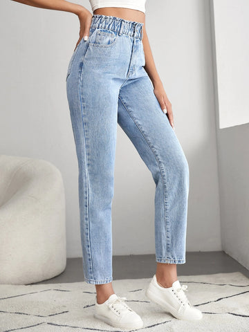 Tall Light Wash Paper Bag Waist Mom Fit Jeans