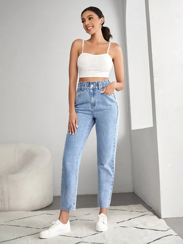 Tall Light Wash Paper Bag Waist Mom Fit Jeans