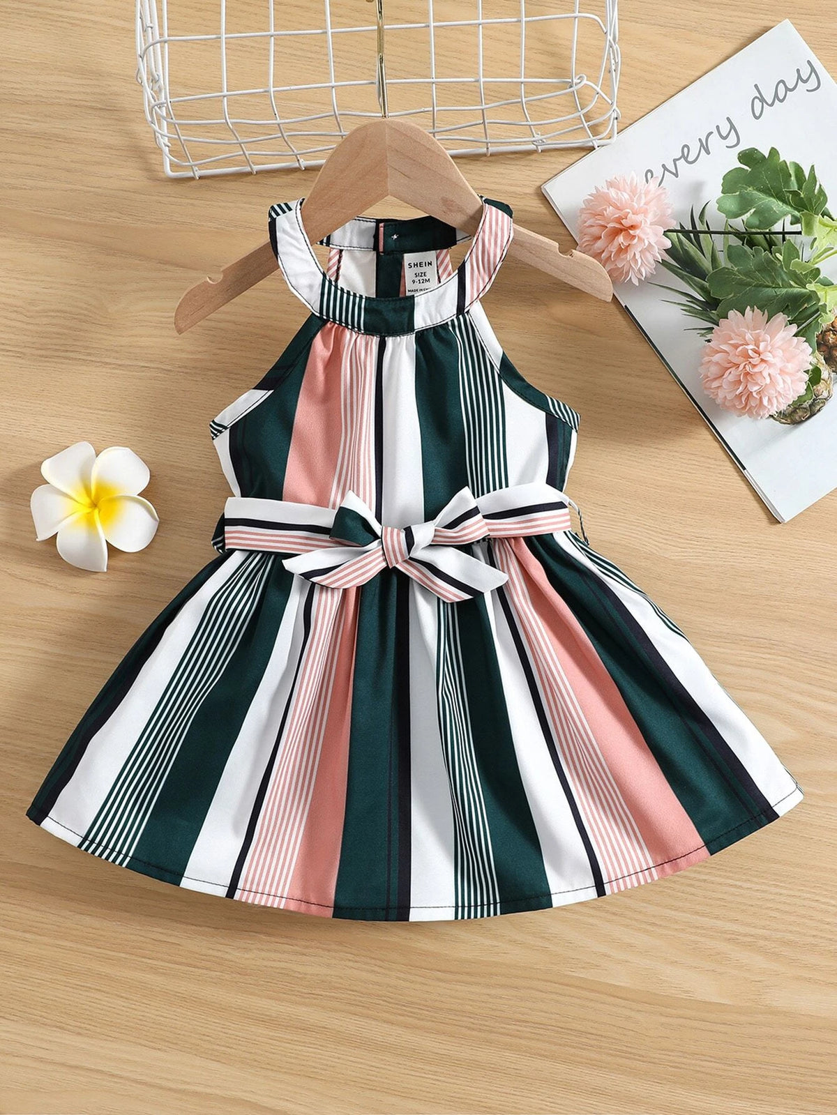 Baby Colorful Striped Halter Neck Belted Dress