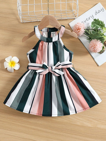 Baby Colorful Striped Halter Neck Belted Dress