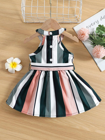 Baby Colorful Striped Halter Neck Belted Dress