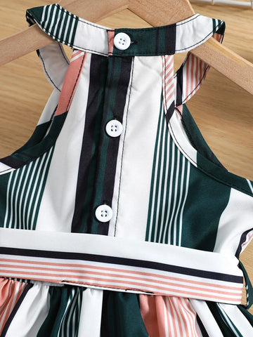 Baby Colorful Striped Halter Neck Belted Dress