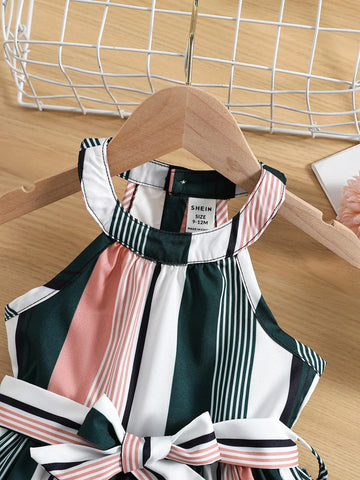 Baby Colorful Striped Halter Neck Belted Dress