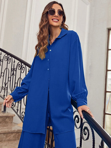 evolu Drop Shoulder Solid Shirt & Wide Leg Pants