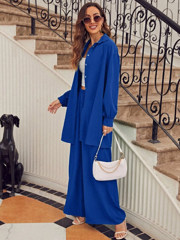 evolu Drop Shoulder Solid Shirt & Wide Leg Pants