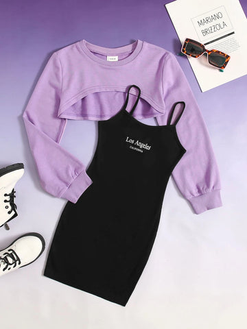 Girls Super Crop Top & Letter Graphic Cami Dress Set