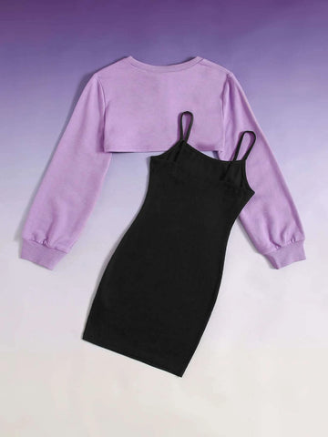 Girls Super Crop Top & Letter Graphic Cami Dress Set