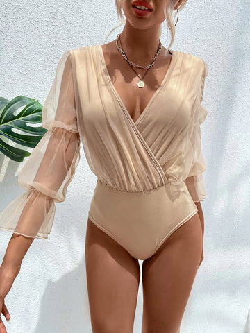 Contrast Mesh Gathered Flounce Sleeve Bodysuit