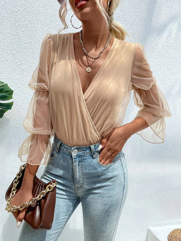 Contrast Mesh Gathered Flounce Sleeve Bodysuit