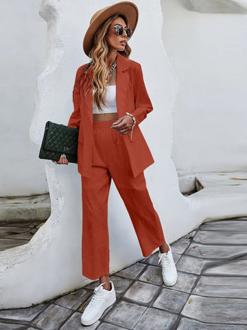Solid Lapel Collar Button Front Blazer And Tailored Pants Set