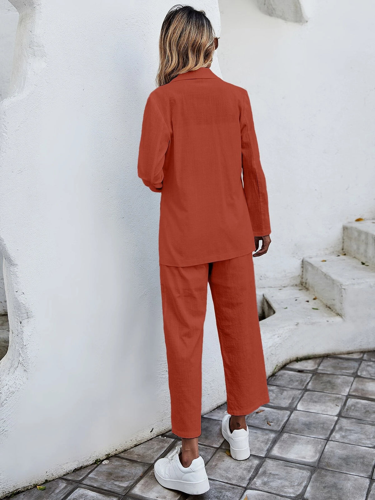 Solid Lapel Collar Button Front Blazer And Tailored Pants Set