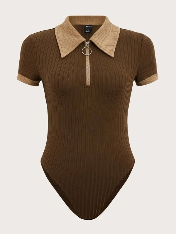 Contrast Collar Quarter Zip Bodysuit
