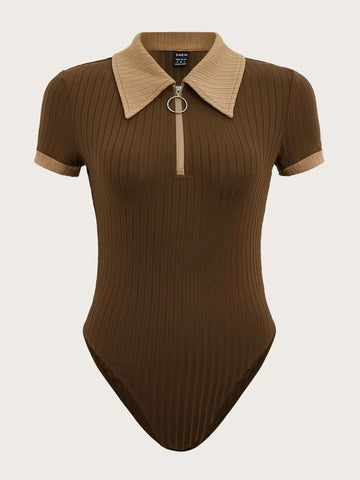 Contrast Collar Quarter Zip Bodysuit