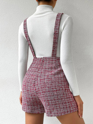 Plaid Pattern Double Pocket Tweed Overall Romper Without Sweater