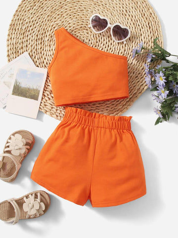 Baby One Shoulder Top & Paper Bag Waist Shorts