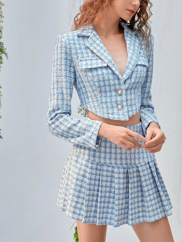 MOD Double Button Front Tweed Blazer & Pleated Skirt