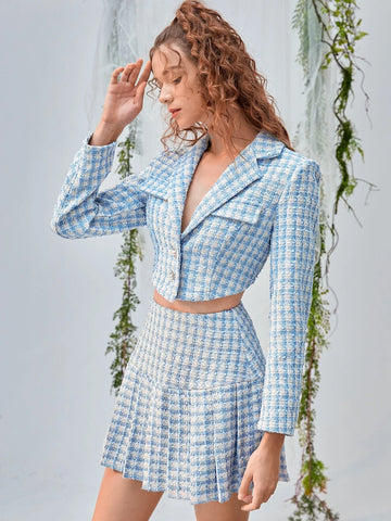 MOD Double Button Front Tweed Blazer & Pleated Skirt