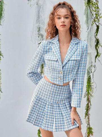 MOD Double Button Front Tweed Blazer & Pleated Skirt