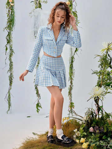 MOD Double Button Front Tweed Blazer & Pleated Skirt