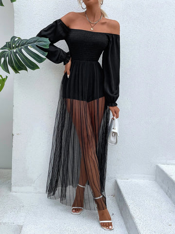 Off Shoulder Contrast Mesh Flounce Sleeve Shirred Romper