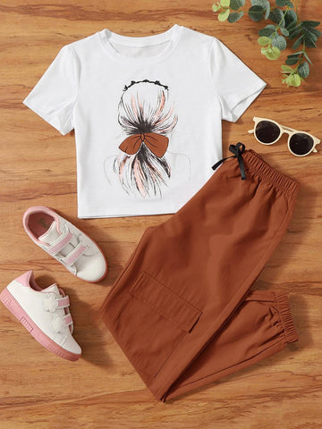 Girls 1pc Figure Graphic Tee With 1pc Cargo Pants