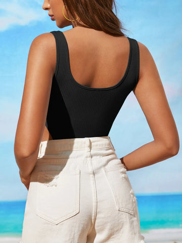 Solid Ribbed Knit High Cut Tank Bodysuit