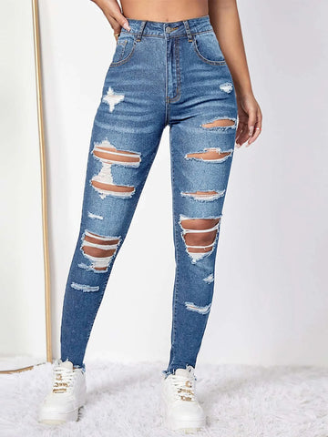 High Waist Ripped Moustache Effect Skinny Jeans
