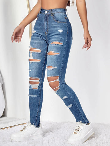 High Waist Ripped Raw Hem Jeans
