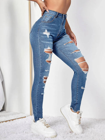 High Waist Ripped Raw Hem Jeans