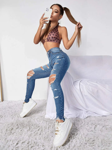 High Waist Ripped Moustache Effect Skinny Jeans