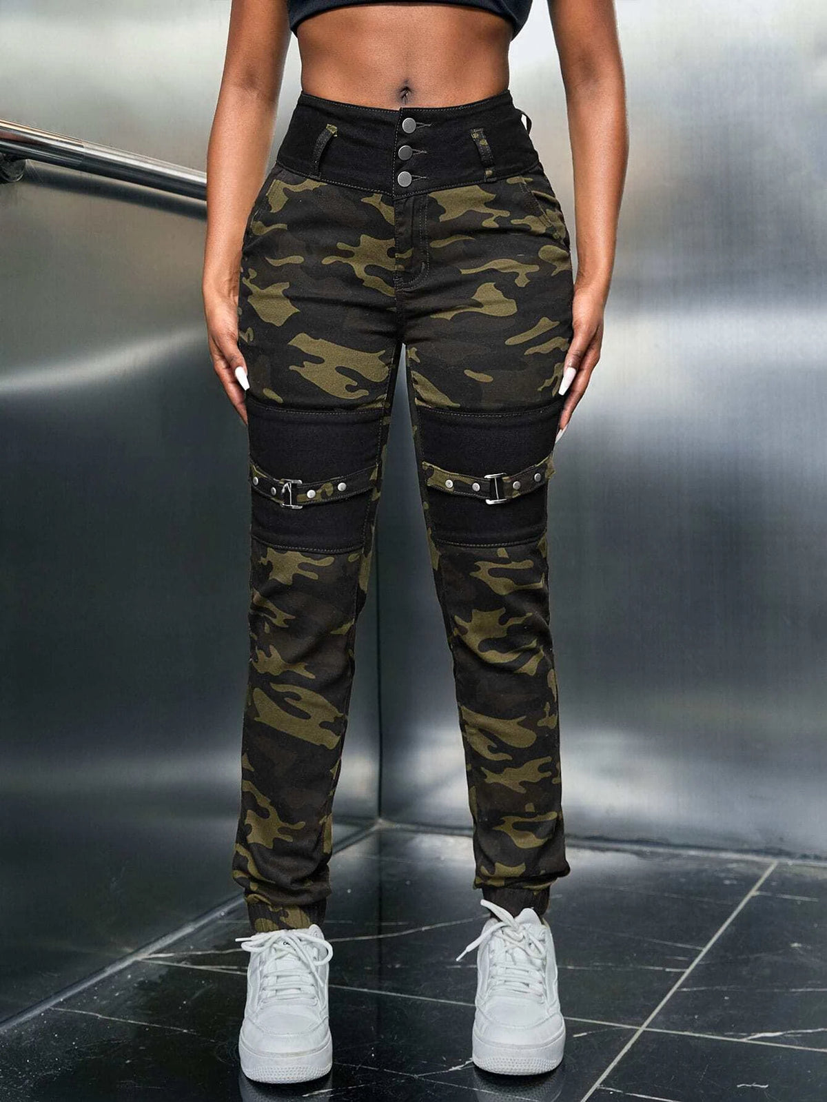 SXY Camo Print Buckle Detail Jogger Jeans