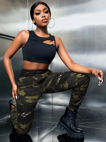 SXY Camo Print Buckle Detail Jogger Jeans