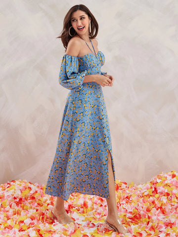 Modely Ditsy Floral Print Cold Shoulder Split Thigh Dress