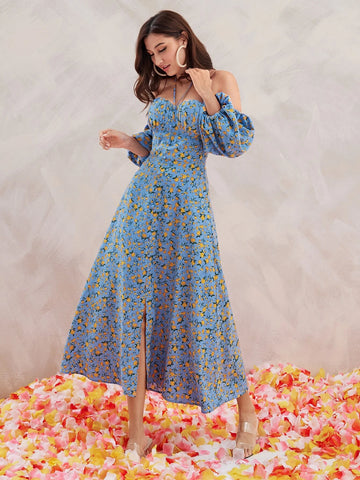 Modely Ditsy Floral Print Cold Shoulder Split Thigh Dress