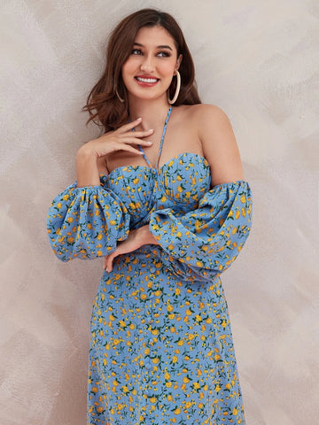 Modely Ditsy Floral Print Cold Shoulder Split Thigh Dress