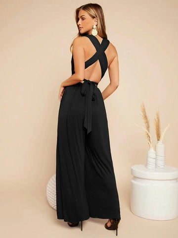 Crisscross Tie Backless Plunging Neck Jumpsuit