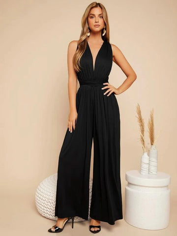 Crisscross Tie Backless Plunging Neck Jumpsuit