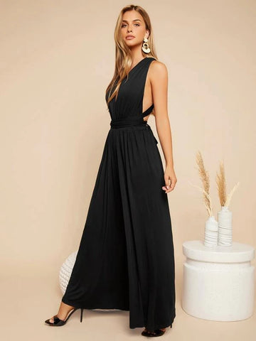 Crisscross Tie Backless Plunging Neck Jumpsuit