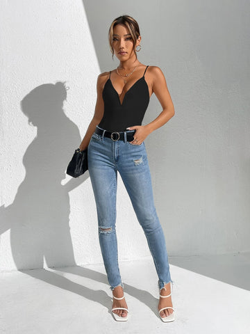 Solid Plunging Neck Cami Bodysuit
