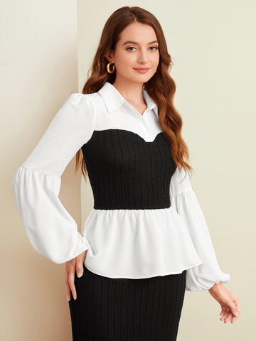 Two Tone Lantern Sleeve Peplum Top