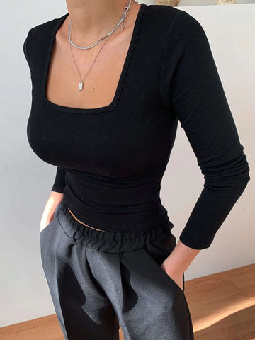 DAZY Square Neck Ribbed Knit Crop Tee