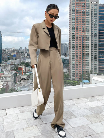DAZY Solid Single Button Crop Blazer & Tailored Pants