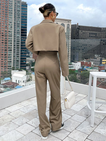 DAZY Solid Single Button Crop Blazer & Tailored Pants