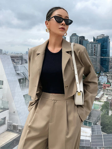 DAZY Solid Single Button Crop Blazer & Tailored Pants