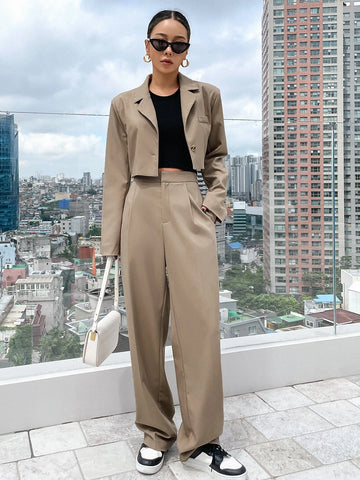 DAZY Solid Single Button Crop Blazer & Tailored Pants