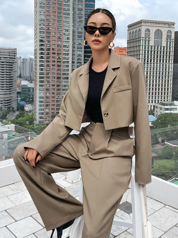 DAZY Solid Single Button Crop Blazer & Tailored Pants