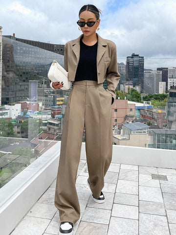 DAZY Solid Single Button Crop Blazer & Tailored Pants