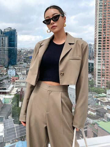 DAZY Solid Single Button Crop Blazer & Tailored Pants